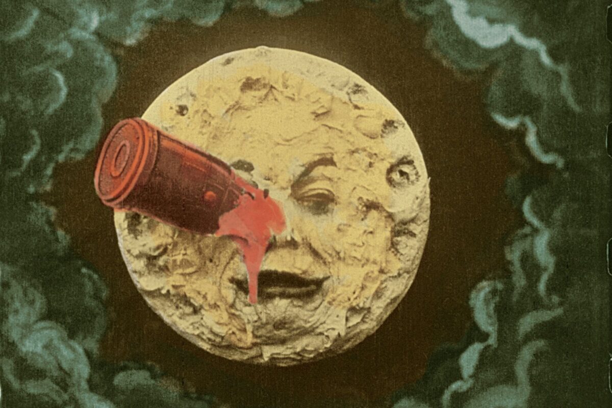 Frame from the only surviving hand-colored print of Georges Méliès's 1902 film Le voyage dans la lune.