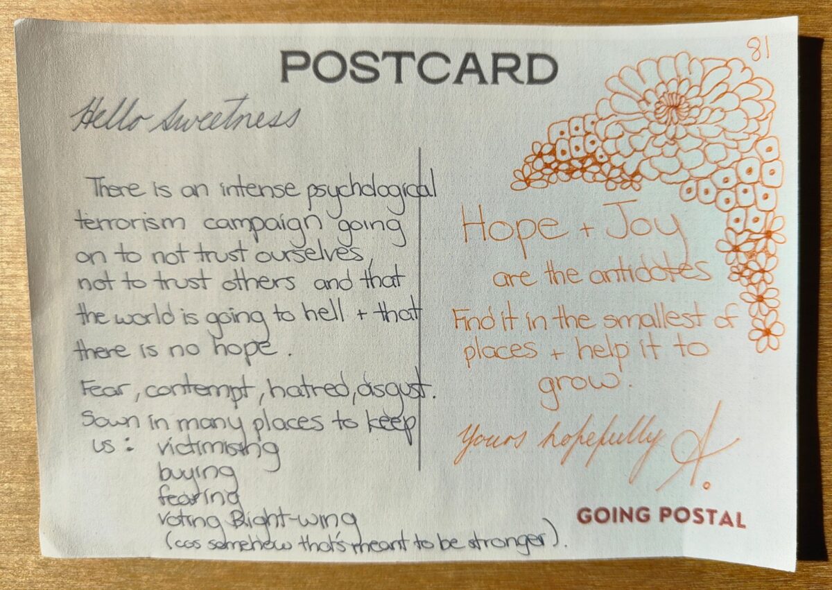 Going Postal Handwritten Postcard 81 Hope and Joy are the antidotes